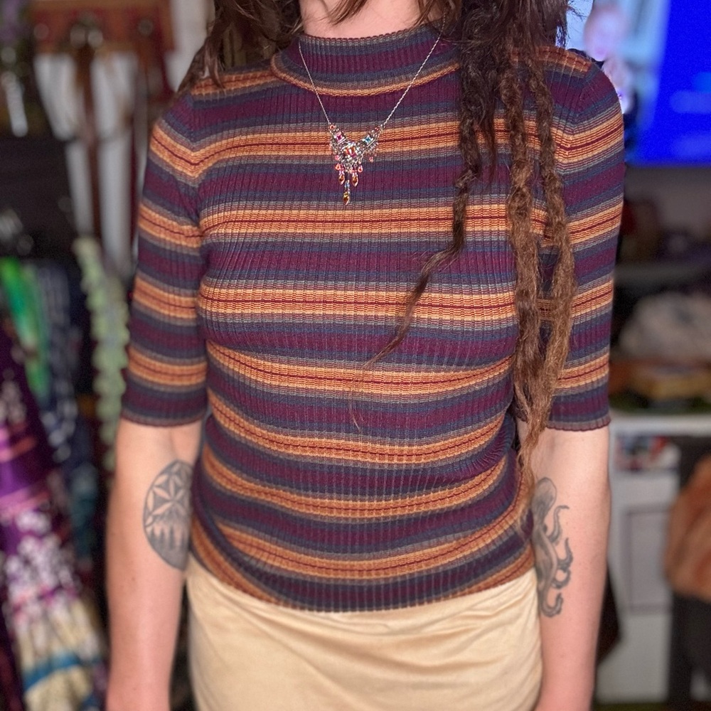 Size Medium retro vintage 3/4 length striped turtleneck ladies top